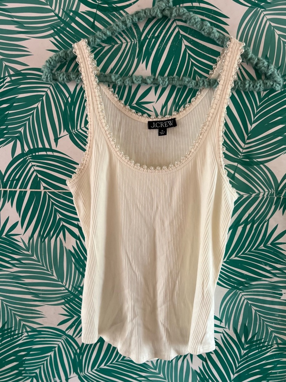 J. Crew Cream Ribbed Pearl-Trim Tank Top sz M